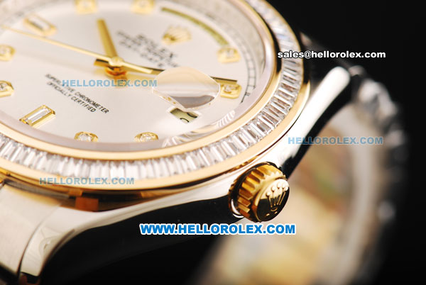 Rolex Day Date II Oyster Perpetual Automatic Movement White Dial with Diamond Bezel - Diamond Markers and Two Tone Strap - Click Image to Close